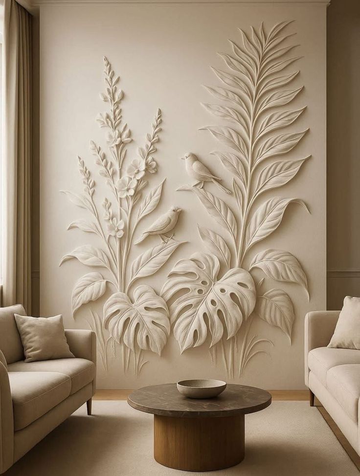 Botanical Palm & Birds 3D Accent Wall