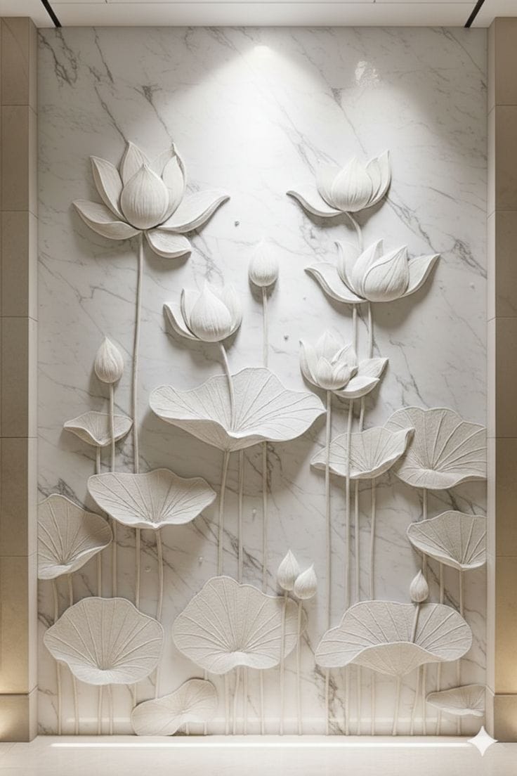 Luxury Marble Lotus 3D Accent Mural