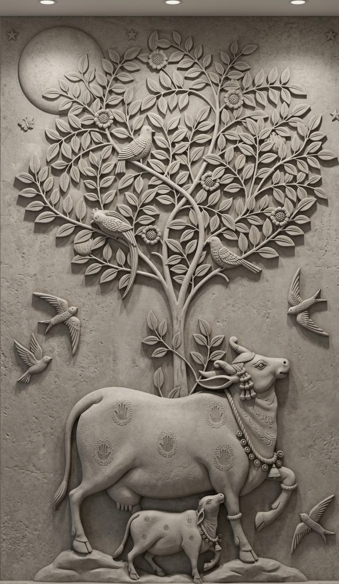 Kamdhenu Cow & Tree of Life 3D Panel