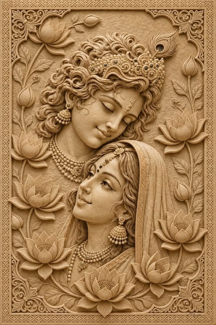 Radha Krishna Divine Portrait 3D Relief